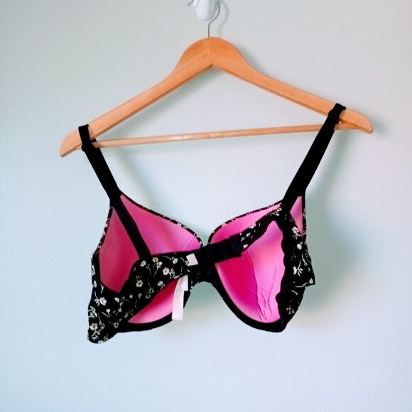 PINK Black Bra with Floral Design with Hot Pink Under Padding - Picture 3 of 4